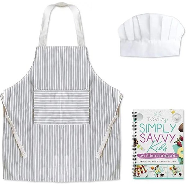 Tovla Jr. Kids Cookbook, Cooking Apron and Hat Set with Pocket for Boys and Girls, Ages 4-10 LE-BI8T-52OL - main